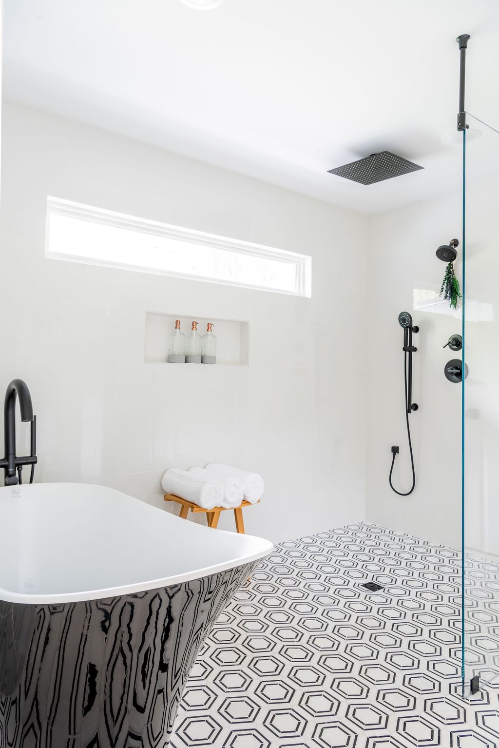 Patterned bathroom floor and vanity